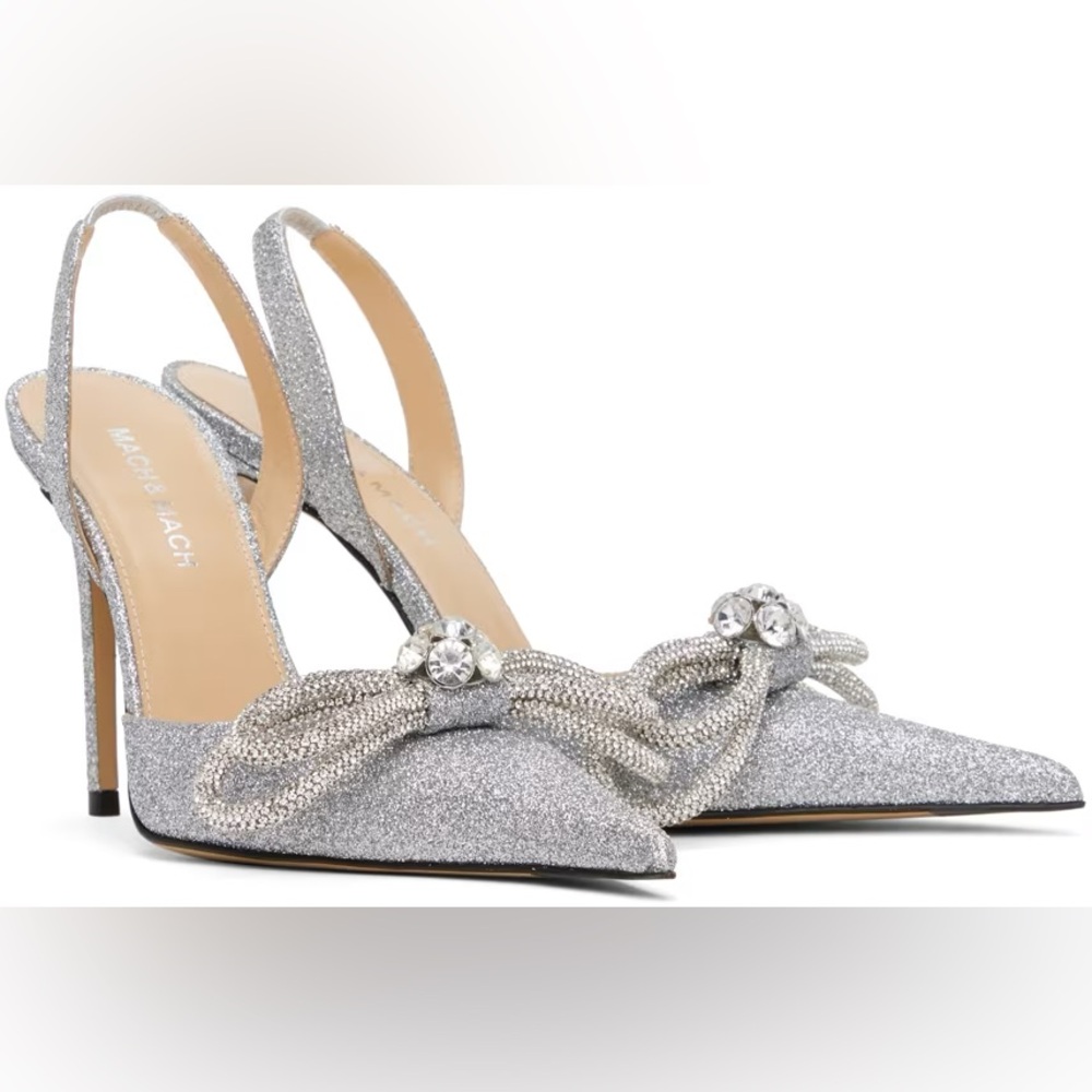 NWT MACH & MACH Silver Double Bow Glitter 110 Heels